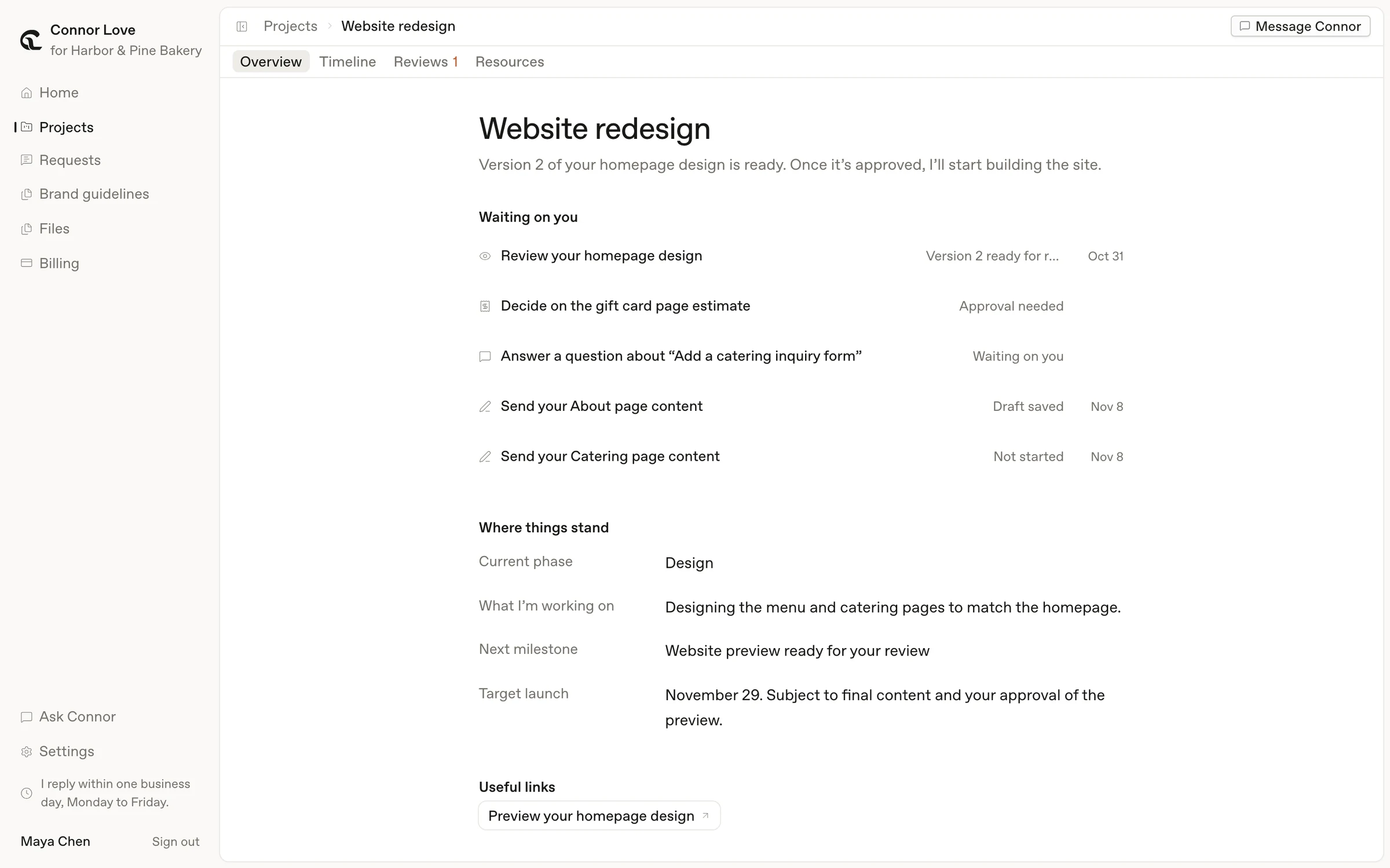 A project overview: everything waiting on the client, the current phase, and the target launch.