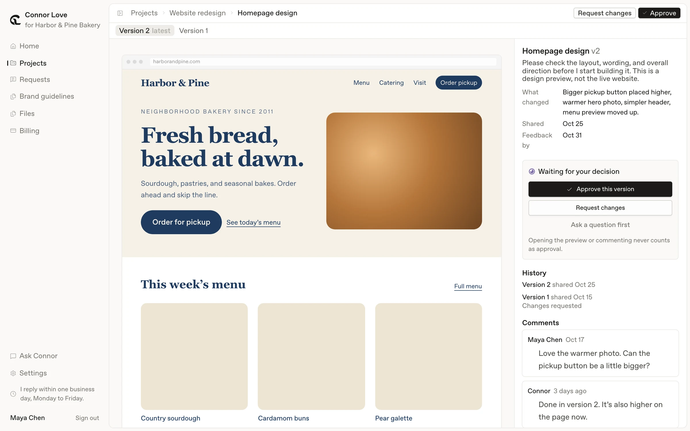 A design review: the homepage preview beside its version history, comments, and the approval decision.